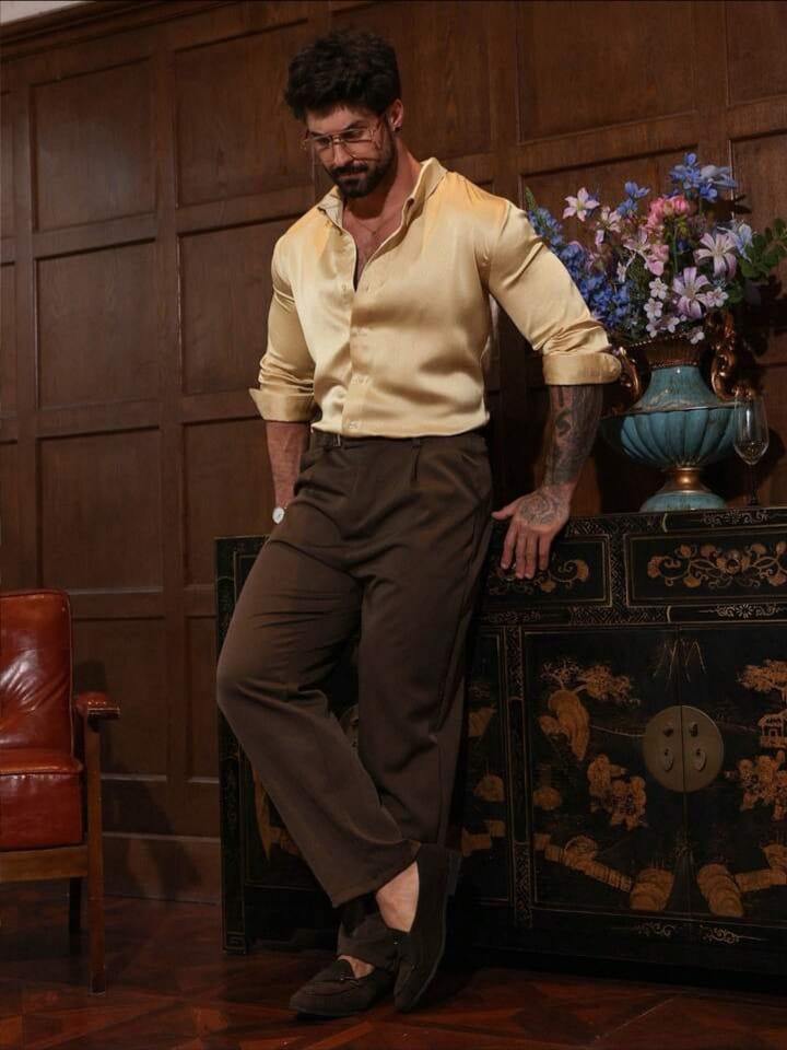 Apricot Glossy Casual Long Sleeve Shirt For Men